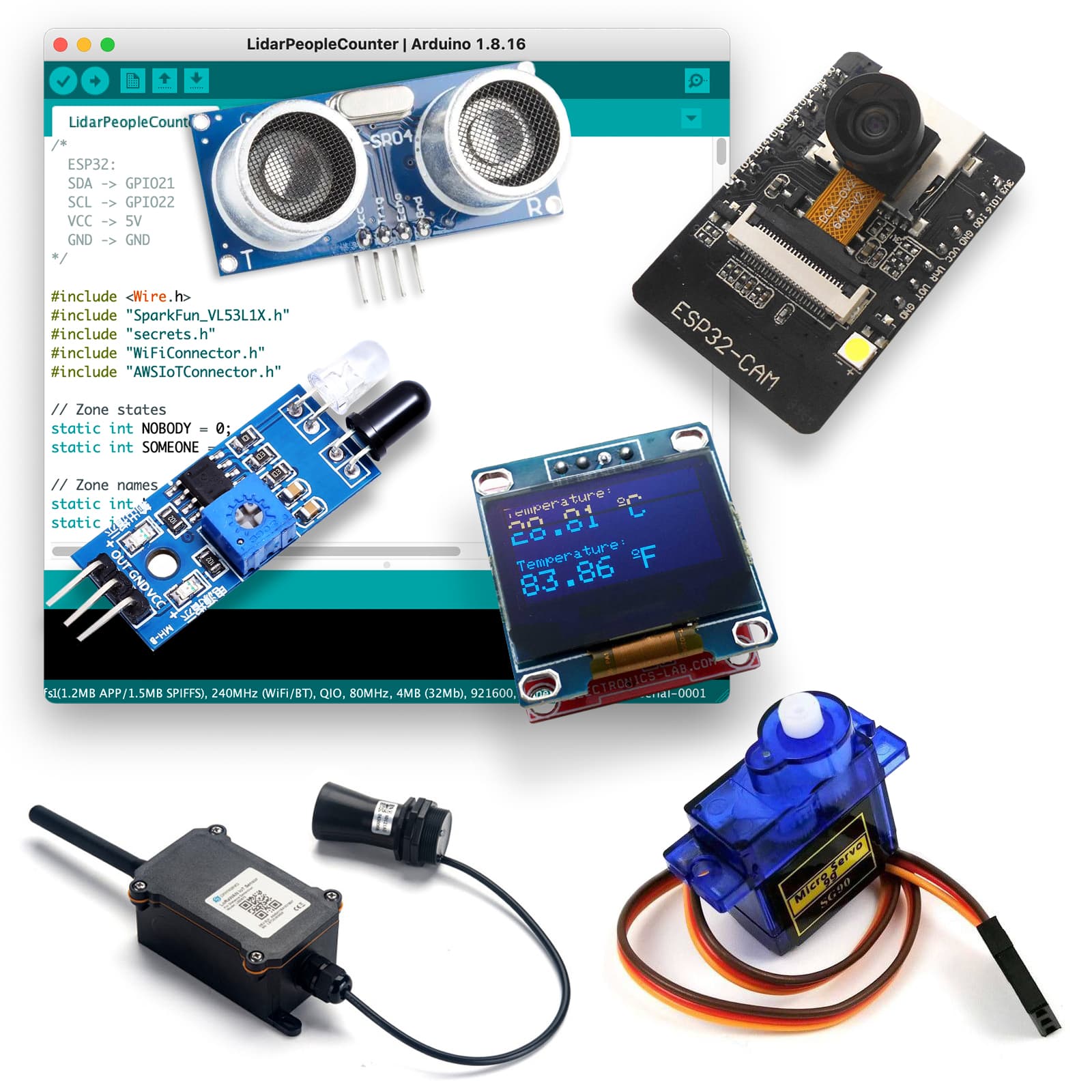 A collection of sensors and a screen shot of code in Arduino